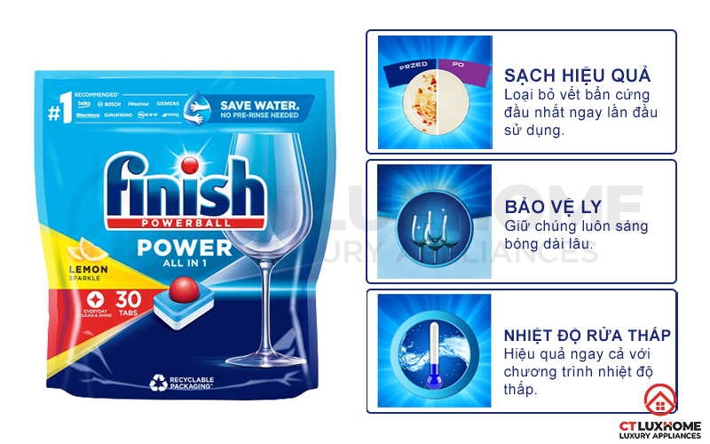 Tính năng vượt trội của viên rửa chén Finish All in one max 30 viên hương chanh