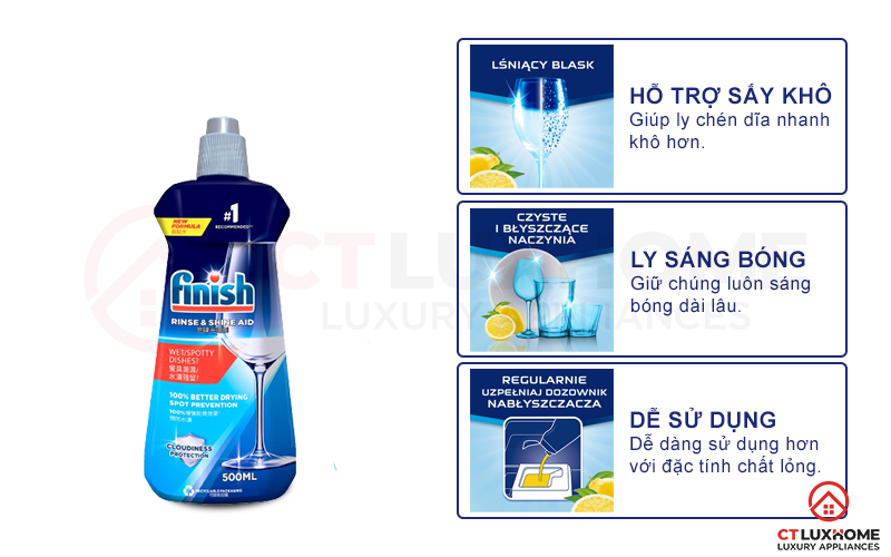 Tính năng vượt trội của Nước làm bóng Finish 500ml dành cho máy rửa chén bát