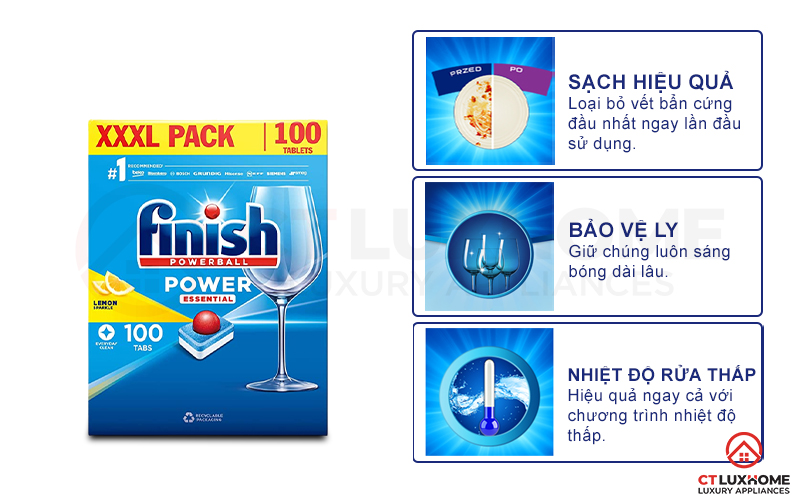 Tính năng vượt trội của viên rửa chén bát Finish Essential 100 viên 
