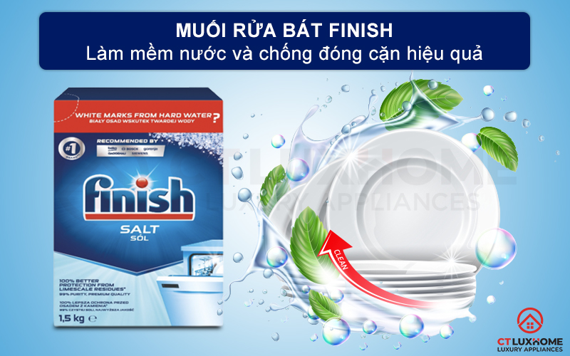 Muối rửa chén bát Finish 1,5kg có khả năng làm mềm nước và chống đóng cặn vôi vữa bên trong máy