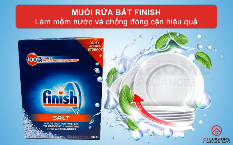 Muối rửa chén bát Finish 3kg giúp làm sạch các cặn vôi vữa và làm mềm nước