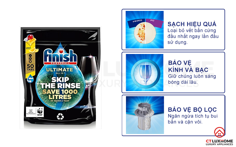 Tính năng vượt trội của viên rửa bát Finish Quantum Ultimate 50 viên hương chanh