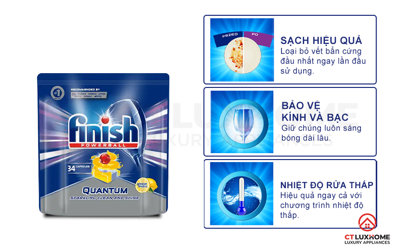Tính năng vượt trội của viên rửa chén Finish Quantum 34 viên hương chanh