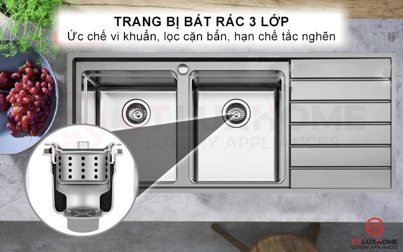 Trang bị bát rác 3 lớp ức chế hiệu quả sinh trưởng của vi khuẩn, lọc cặn bẩn, hạn chế tắc nghẽn đường ống thoát