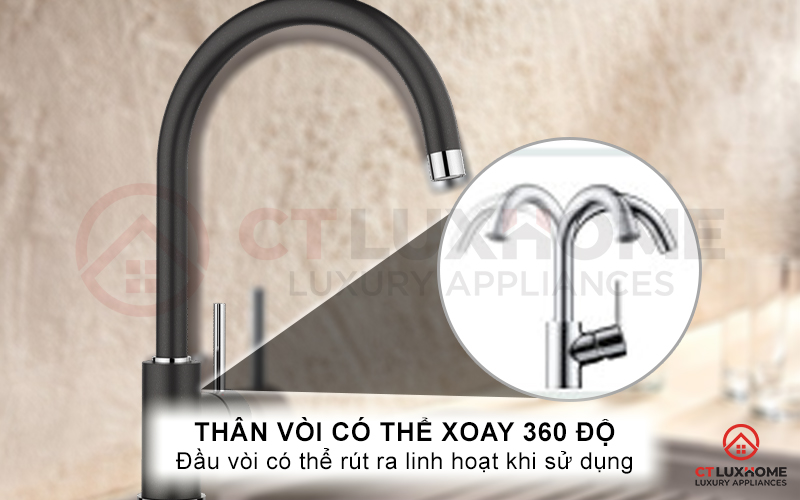 Thân vòi rửa Blanco Mida XL Silgranit được thiết kế xoay 360 độ linh hoạt