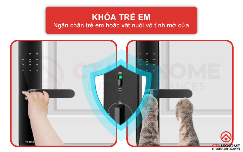 Khóa an toàn ngăn trẻ em hoặc vật nuôi vô tình mở cửa khi chạm vào