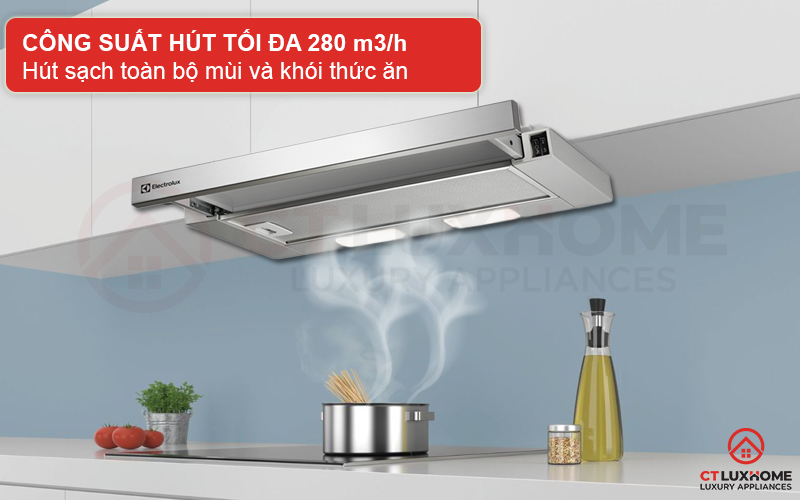 Công suất hút tối đa 280 m3/h hút sạch mùi và khói thức ăn 