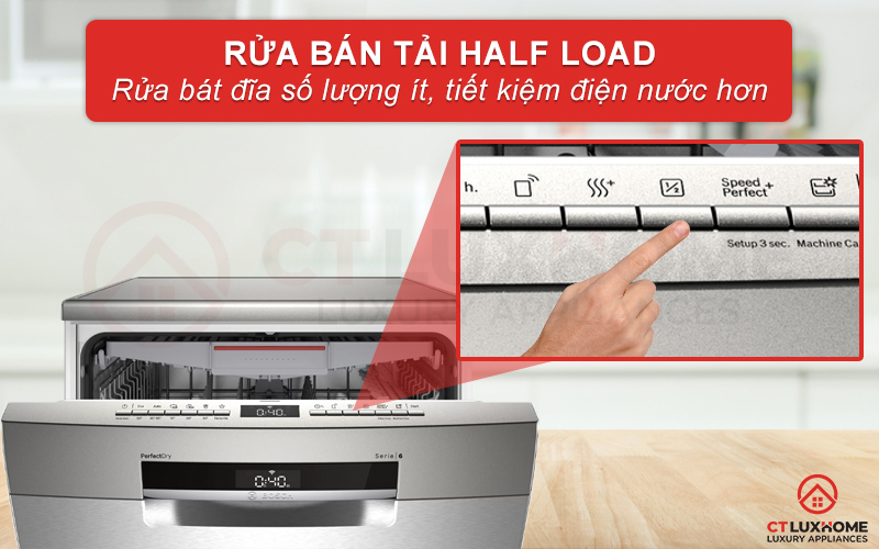 Tính năng rửa bán tải Half Load làm sạch bát đĩa số lượng ít