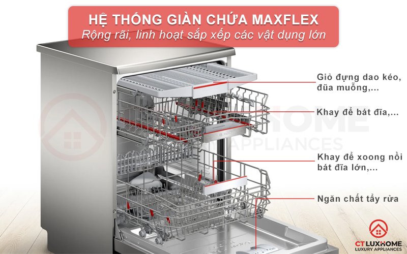 Giàn rửa MaxFlex mang đến không gian chứa các vật dụng rộng rãi