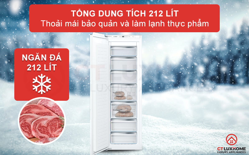 Tủ đông Bosch GIN81AEF0G có tổng dung tích chứa đến 212 lít