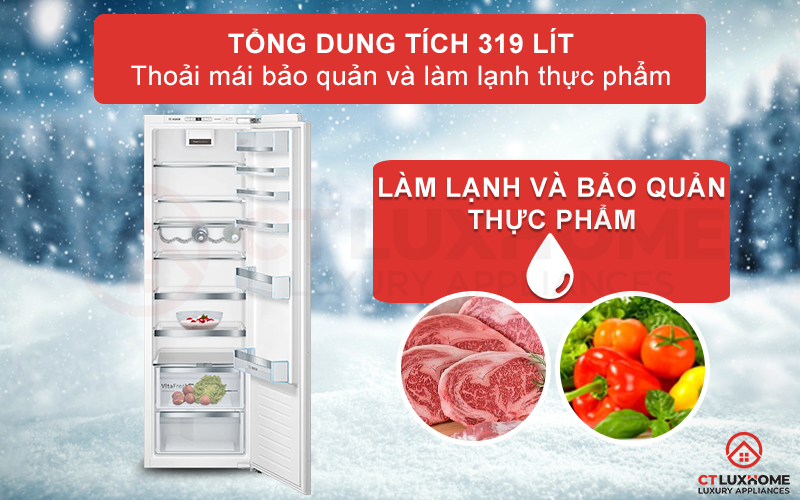 Tủ lạnh Bosch KIR82AFE0 Serie 6 có dung tích chứa đến 319 lít