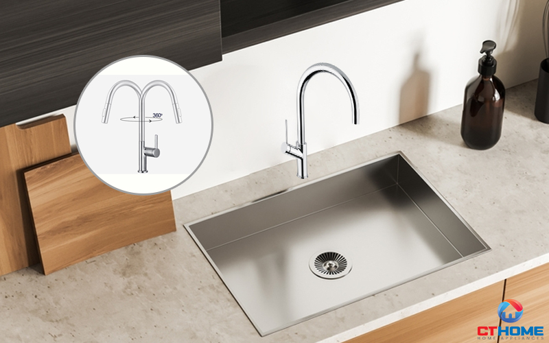 Thân vòi xoay 360 độ tăng phạm vi tiếp cận rửa vật dụng