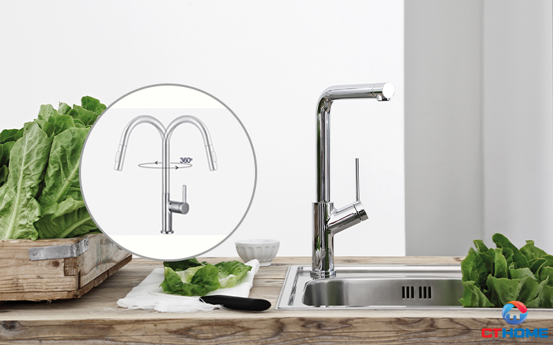 Thân vòi xoay 360 độ tăng phạm vi tiếp cận rửa vật dụng